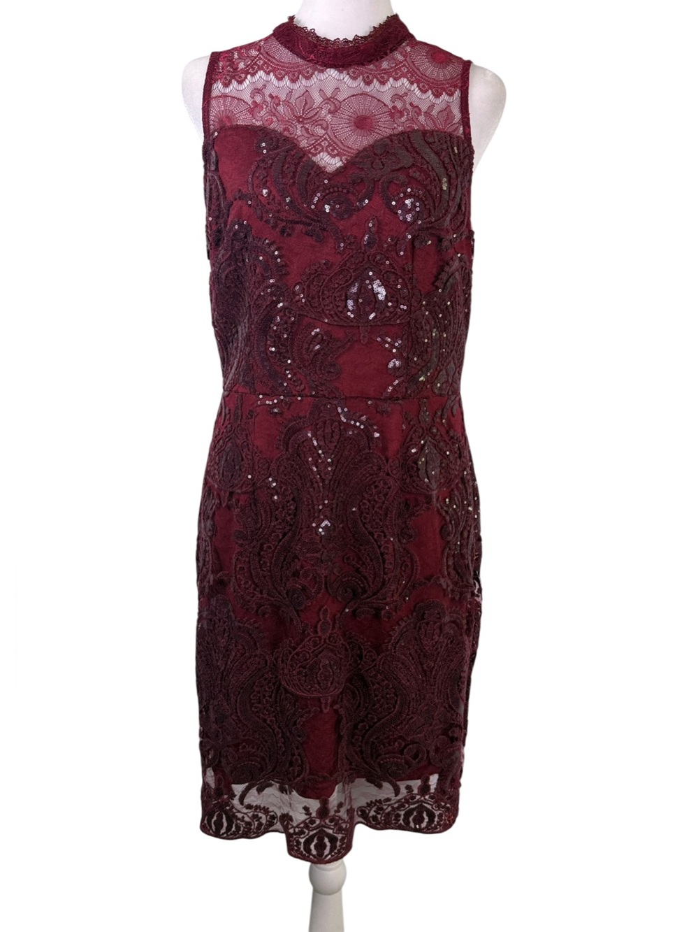 Soieblu Burgundy Lace Sequin Cocktail Dress Size L Mock Neck Sheath Party - Picture 2 of 10